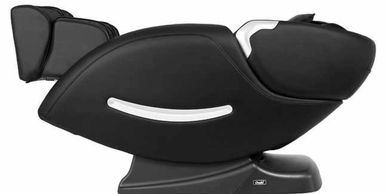 Black reclining massage chair with ergonomic design and cushioned headrest.