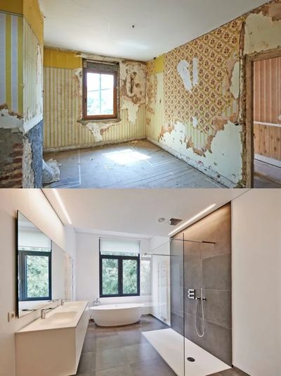 Bathroom remodeling, tile, walk in shower, white vanity, white tub, white ceiling, white walls.