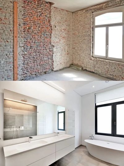 Bathroom remodeling, white tub, white sink, white walls, bathroom fmirror. Vinyl flooring, white