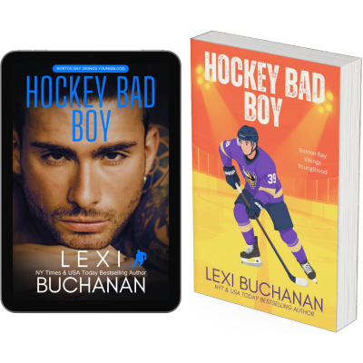 Covers of 'Hockey Bad Boy' by Lexi Buchanan featuring a male model and a hockey player illustration.