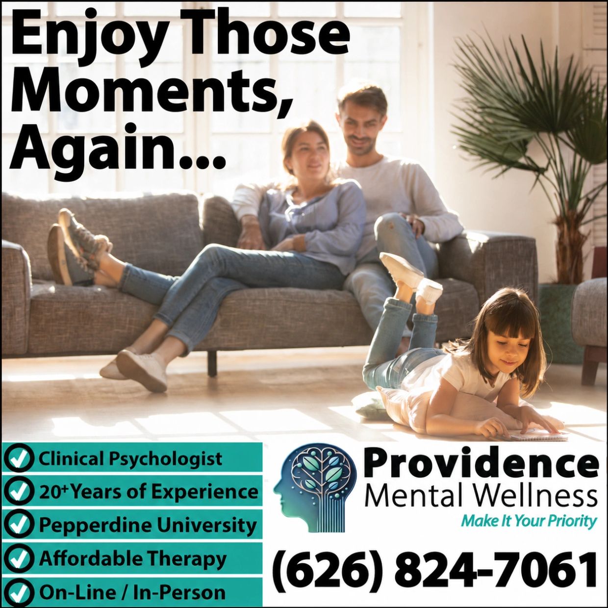 Happy family enjoying time together, mental wellness ad.