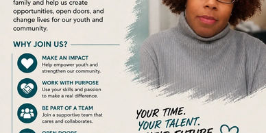 Flyer encouraging joining a supportive team to empower youth and community.