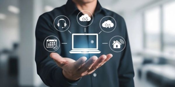 A person holding digital icons of cloud computing and smart technology above their hand.