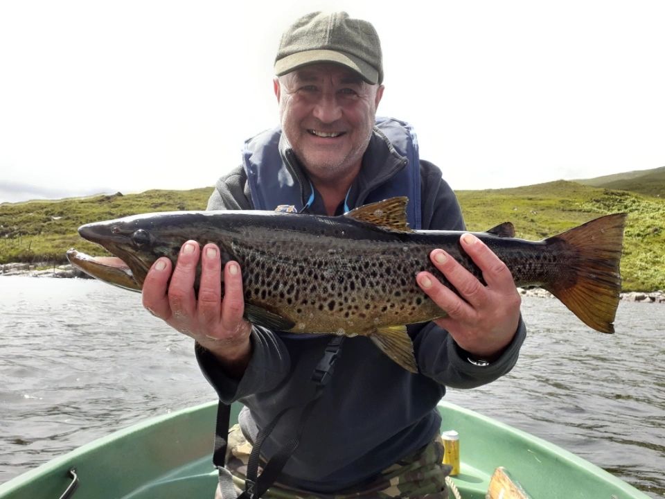 Local angler with a 5 pound brown trout, loch Assynt, July 2020.
