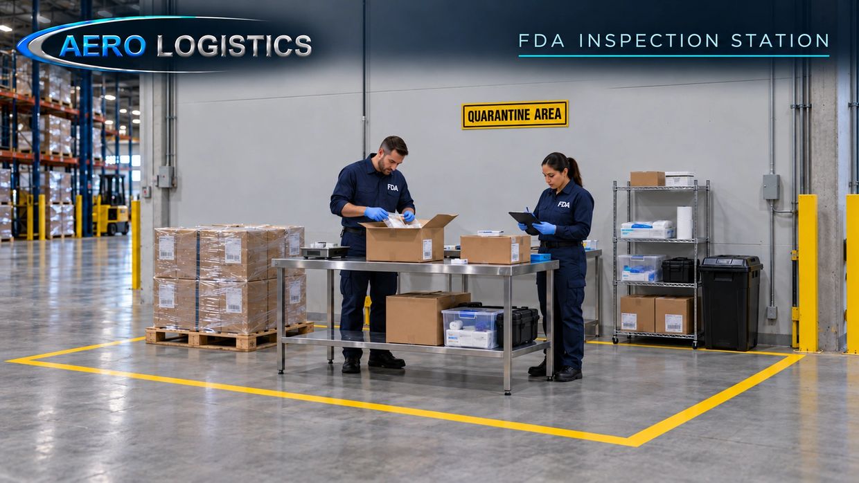 Two FDA workers inspecting packages in a quarantine area.