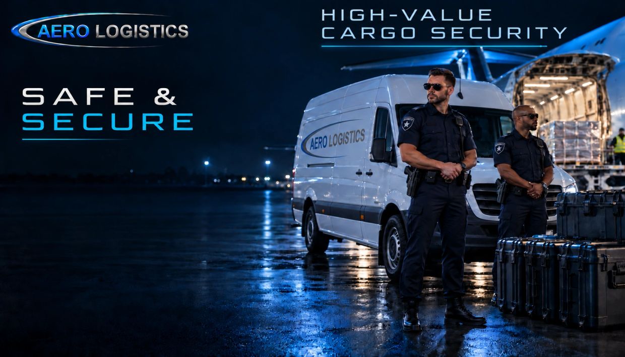Security guards protect high-value cargo at night.