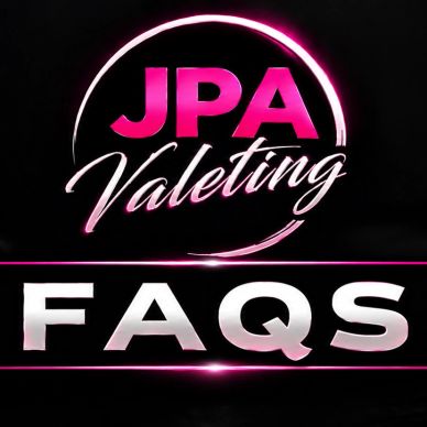 JPA Valeting FAQs with pink neon lighting.