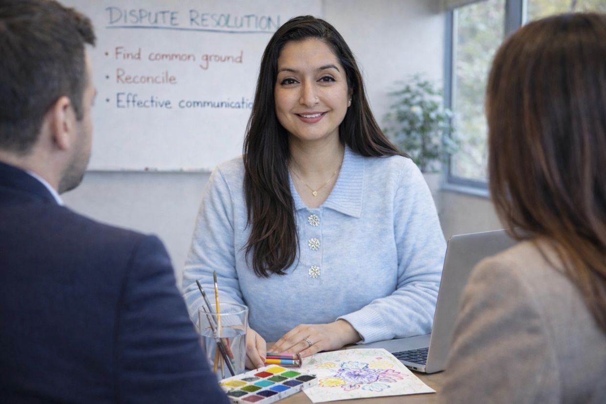 Woman mediates a dispute resolution session between two people.