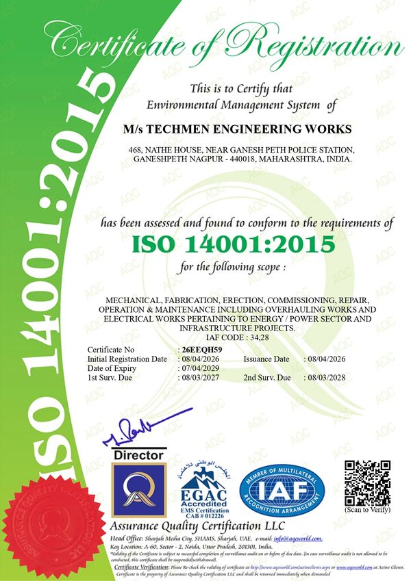 ISO 14001:2015 Environmental Management System certificate for TECHMEN ENGINEERING WORKS.