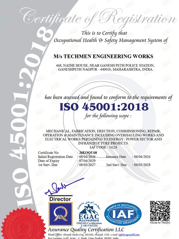 Certificate of ISO 45001:2018 registration for Techmen Engineering Works in Nagpur, India.