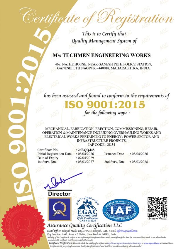 ISO 9001:2015 Quality Management System certificate for Techmen Engineering Works.