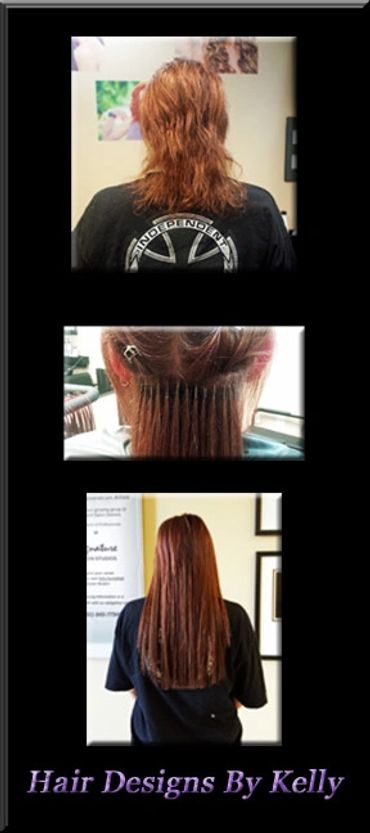 Strand by strand method of hair extensions before, during and after.