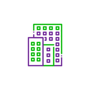 tall buildings icon in the purple and green brand colors for community transformation partners