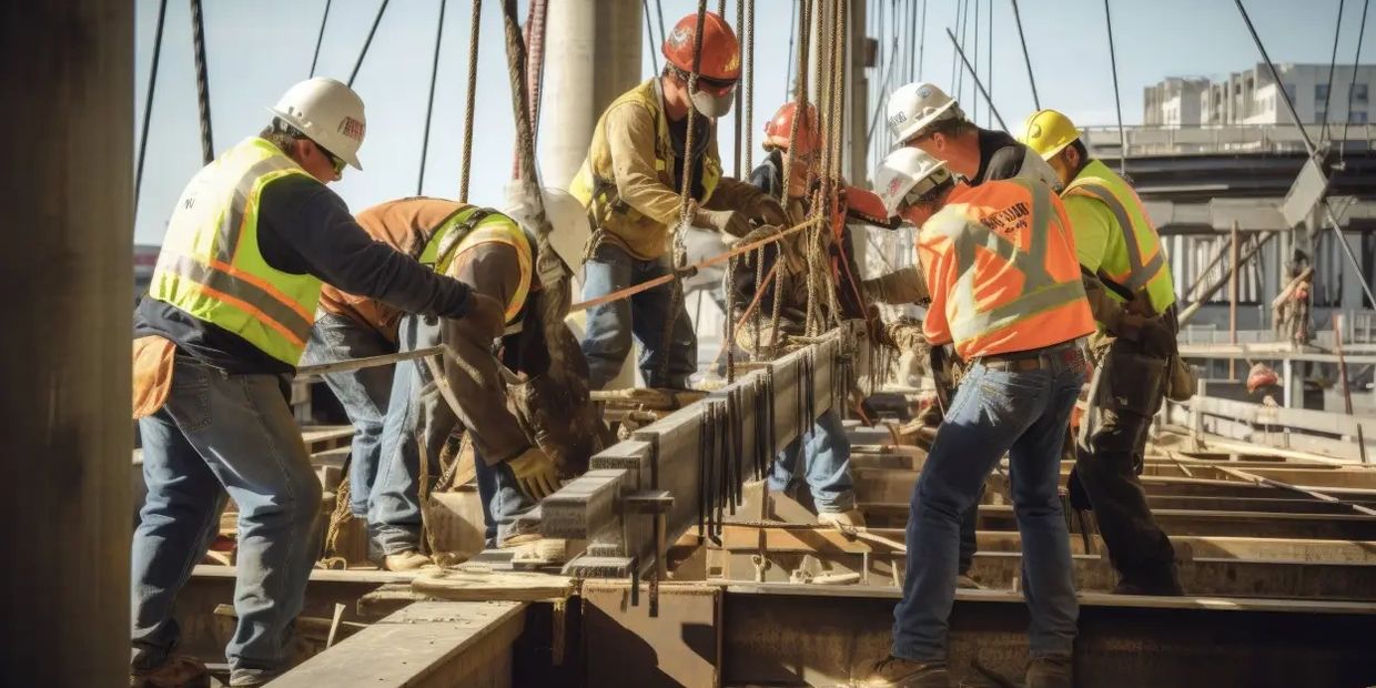 Workers wearing Reflective Safety Jackets  helps to each other working in construction site