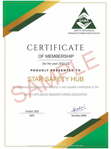 Safety Appliances manufacturer association (SAMA) Membership Certificate to Star Safety Hub.