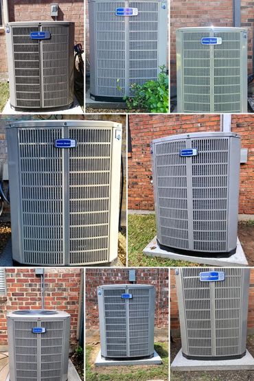 Collage of multiple American Standard air conditioning units installed outside homes.