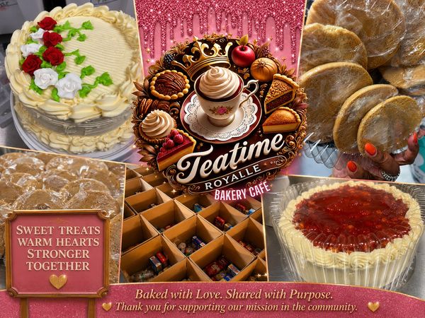 Collage of delicious bakery items and motivational message from Teatime Royale Bakery Cafe.