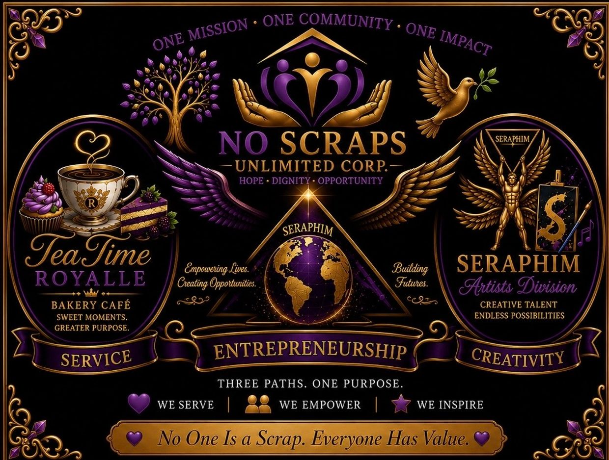 Emblematic design for No Scraps Unlimited Corp featuring service, entrepreneurship, and creativity.