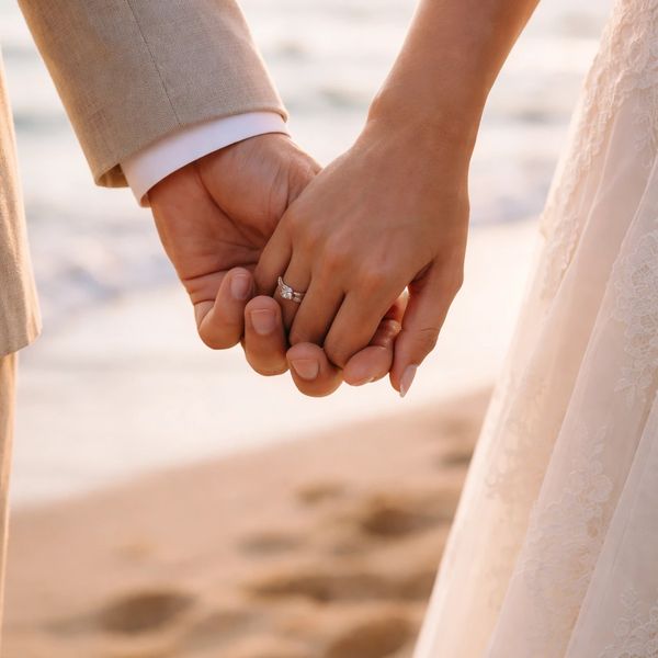 A couple holding hands on a beach during sunset, the woman wearing a wedding dress.