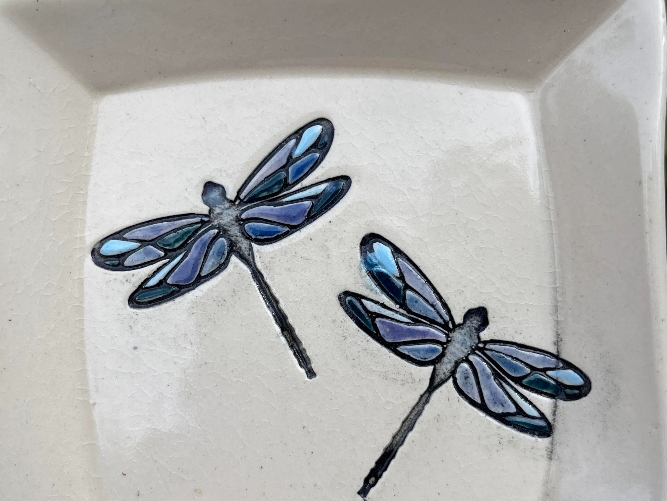 Two blue dragonfly illustrations on a ceramic surface.
