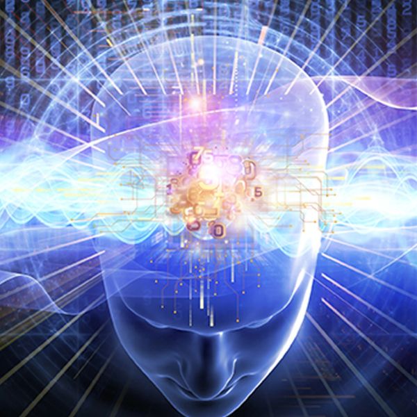 A glowing digital human head with neural and data patterns.