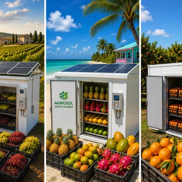 Solar-powered smart chambers storing fresh fruits in different environments.