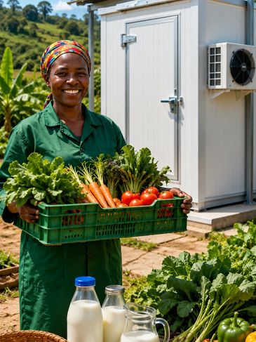 Smiling farmer holding fresh vegetables in a garden.