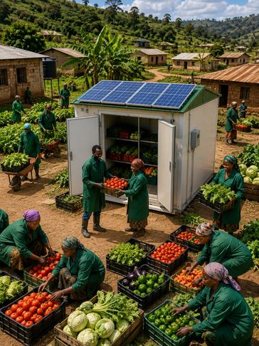 Farmers harvesting and sorting fresh vegetables near a solar-powered storage unit in a rural area.