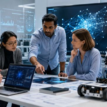 Team discussing AI and data analytics in a modern office.