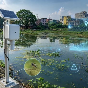 A solar-powered device monitoring mosquito activity near a water body.