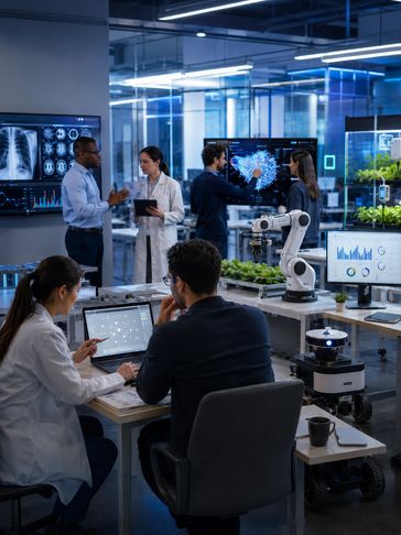 Scientists and engineers collaborate in a high-tech lab with robotics and data displays.
