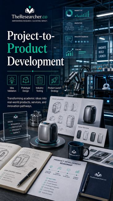 Workspace showing project-to-product development with design sketches and prototypes.