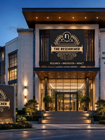 Elegant building entrance with 'The Researcher' sign illuminated at dusk.