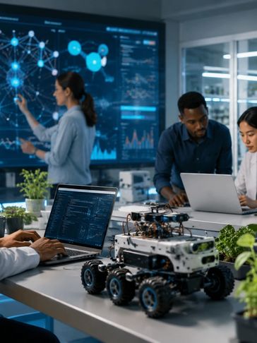 Engineers collaborate on robotics and AI data in a modern lab.