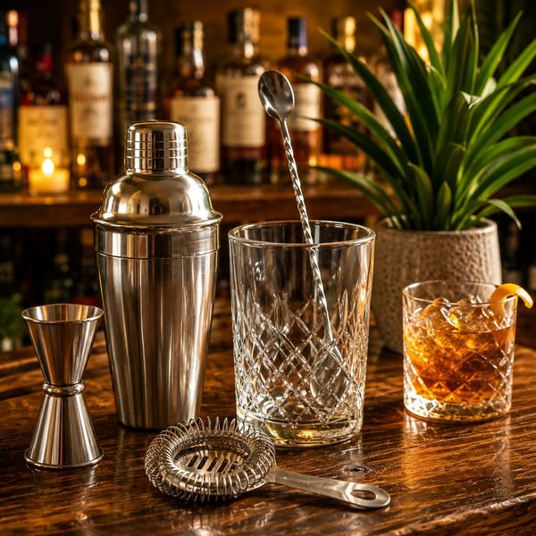 Classic bartending tools on a counter with a shaker, mixing spoon, mixing glass, strainer, jigger