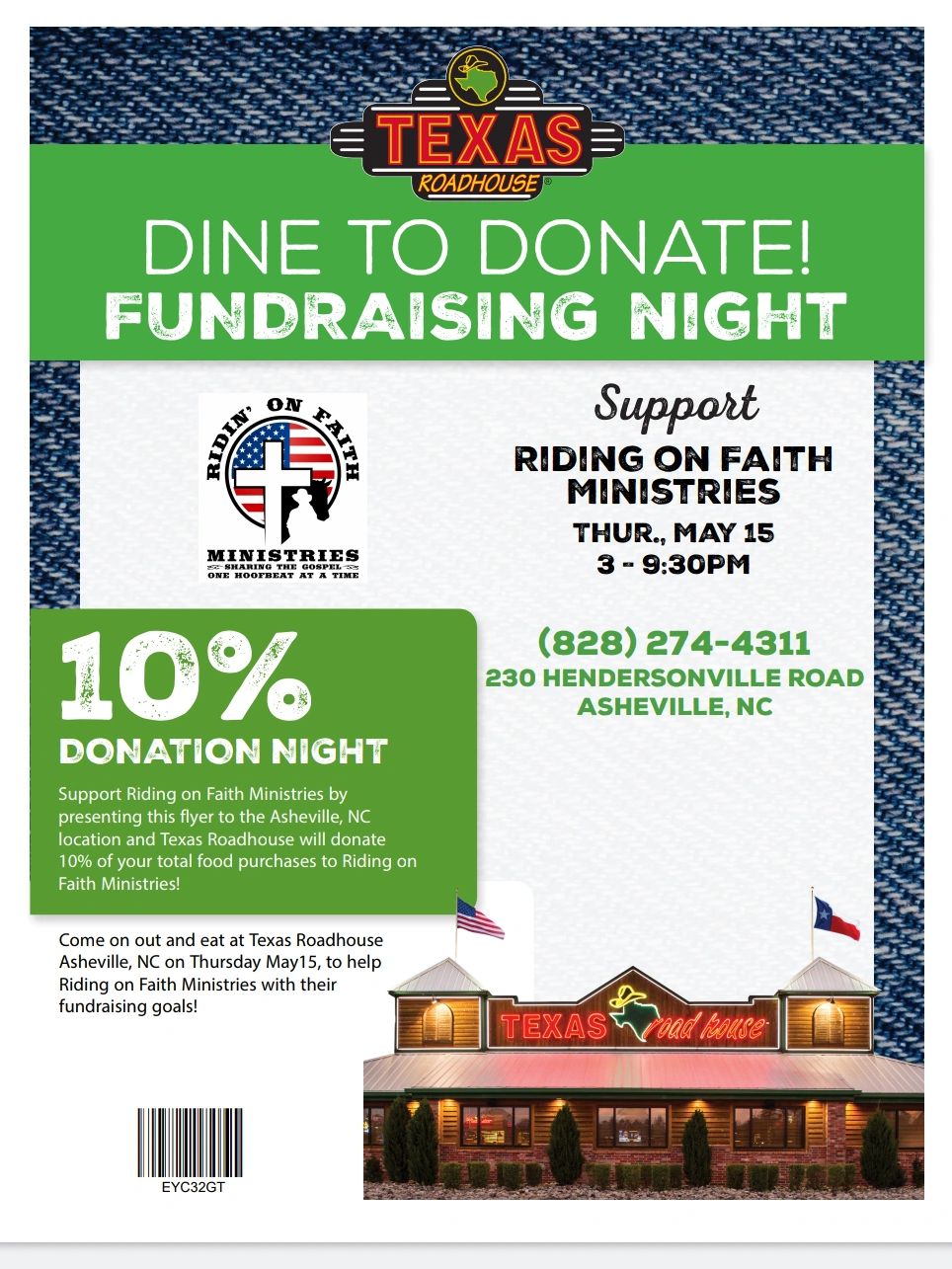 Exciting news ROFM is going to be at Texas Roadhouse! Come  out and enjoy an evening of great dining