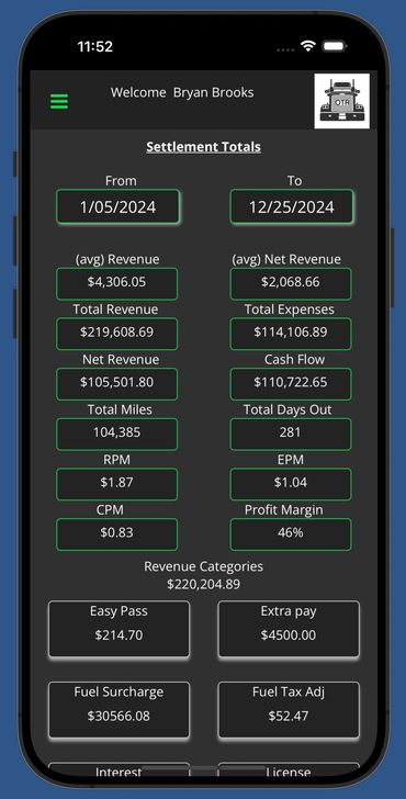 Trucking settlement report screen from OTR app showing revenue, expenses, miles, RPM, CPM, profit