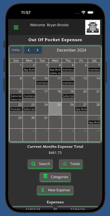 OTR trucking app screenshot showing out-of-pocket expenses calendar view