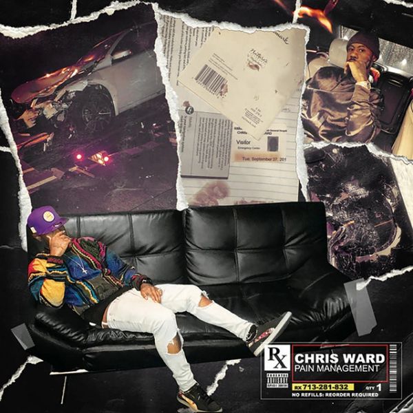 Collage-style image with a man on a couch and car accident scene.