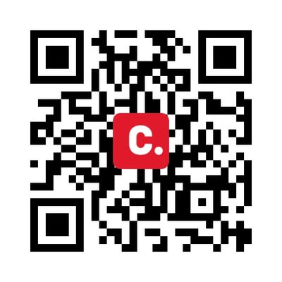 A QR code with a red square and white letter C in the center.