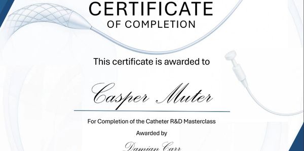 Certificate of Completion awarded to Casper Muter for Catheter R&D Masterclass.