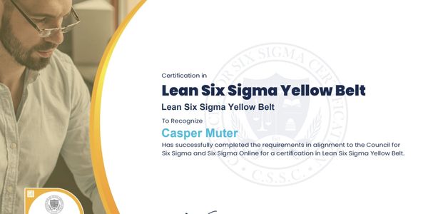 Certificate for Casper Muter earning Lean Six Sigma Yellow Belt.