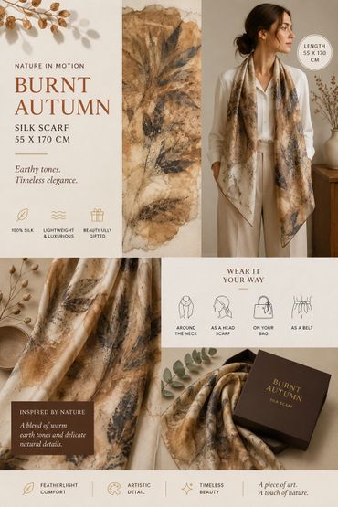 Burnt Autumn silk scarf with earthy tones and natural leaf design.