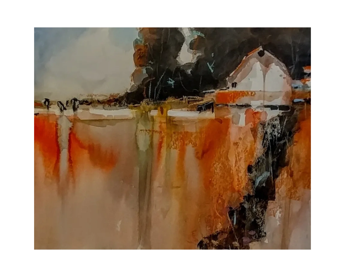 Abstract landscape of rural farm in bold colors