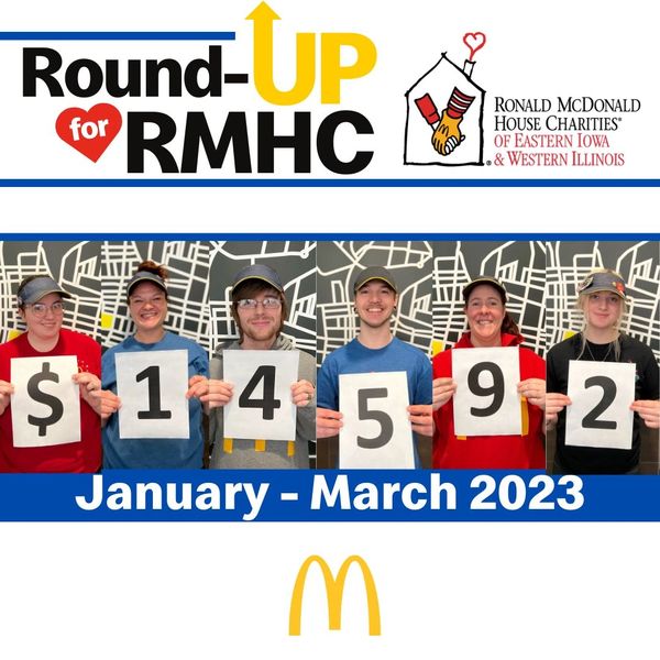 Round-Up for RMHC graphic celebrating raising $14,592 from January to March in 2023