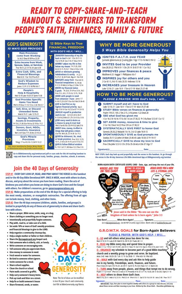 Chart illustrating 40 days of generosity with Bible keys, benefits, and goals.