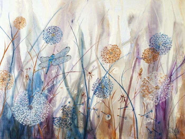 blue dragonfly and dandelion puffs
