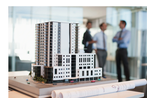 Architectural model of a modern building with professionals discussing in background.