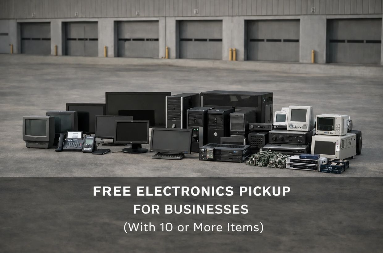 Various electronics arranged for free pickup by businesses with 10+ items.