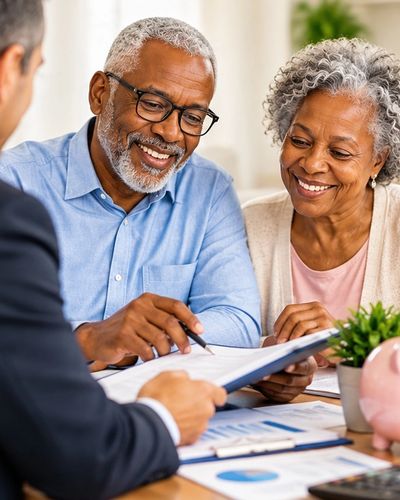 Older couple reviewing retirement income documents and financial planning information with an adviso